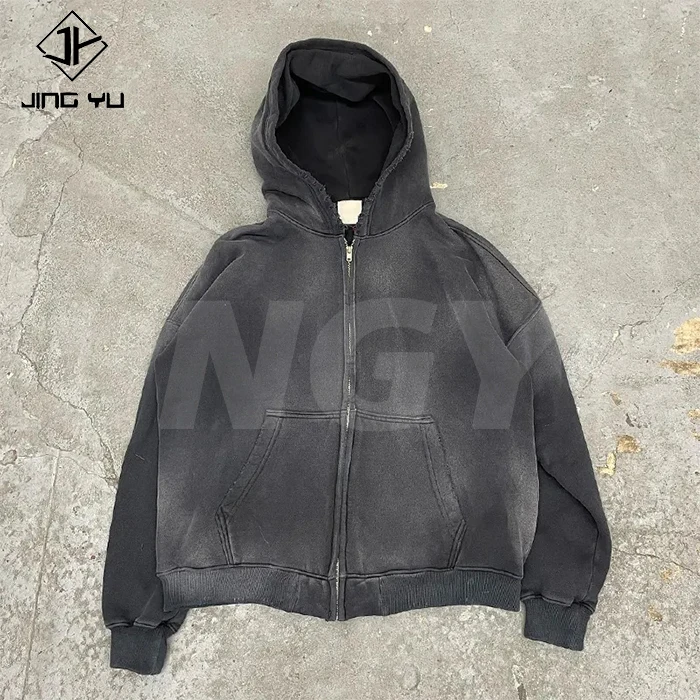 Custom High Quality Streetwear Hoodie Fleece Blank Zip Up Vintage Acid Wash Sun Faded Distressed Pockets Hoodies