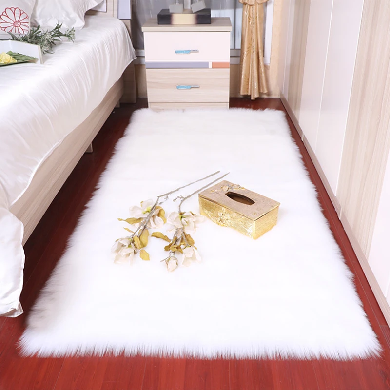 White Rectangle Sheepskin Fluffy Area Rugs Soft Faux Fur Plush Wool Modern Carpet for Living Room Parlor Floor Mat Home Decor