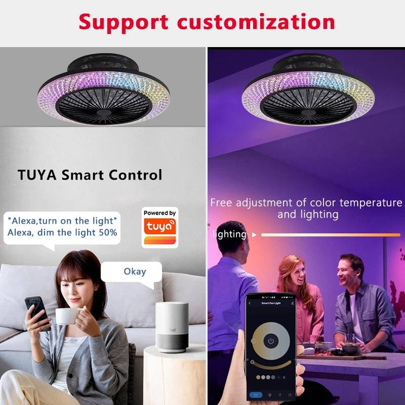 Ceiling Smart Home Lights Fan Dimmable 5 Wind Speeds Remote Control Base Enclosed RGB LED Ceiling Fan For Bedroom Kitchen
