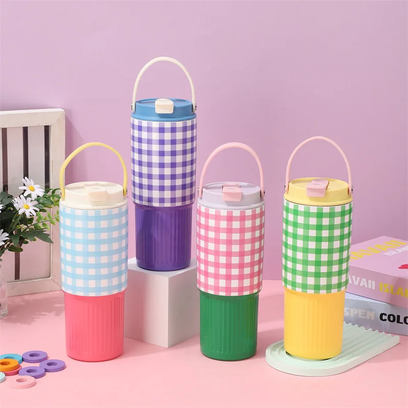 Hot Selling Plaid Design Insulated Travel Mug Portable Thermal Coffee Cup Stainless Steel 30oz Tumbler with Handle