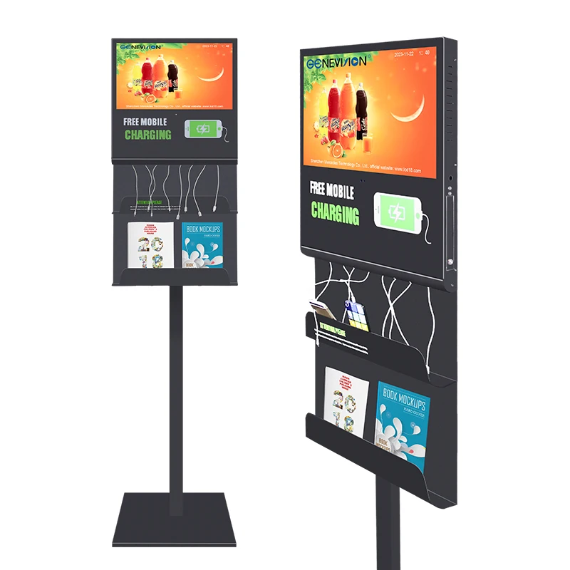 phone charging 21.5 inch floor stand lcd advertising display with Magazine holder bookshelf