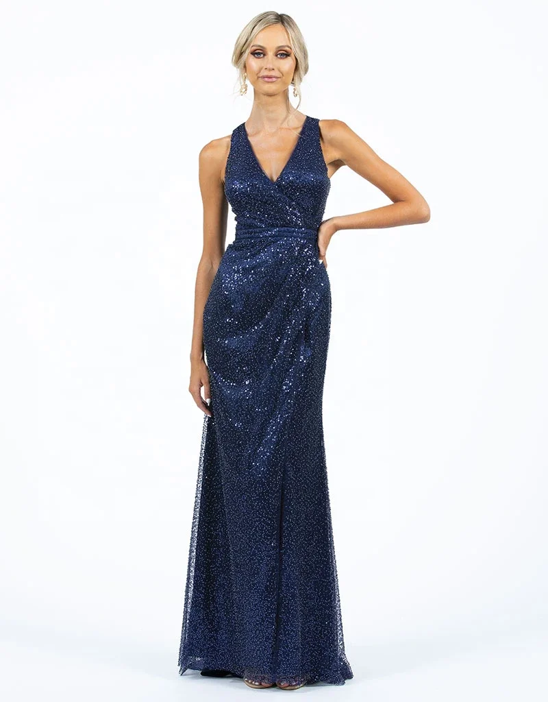 Classic sequin gown wrap v-neck draped skirt with split integrated bust cups and boning provide extra support