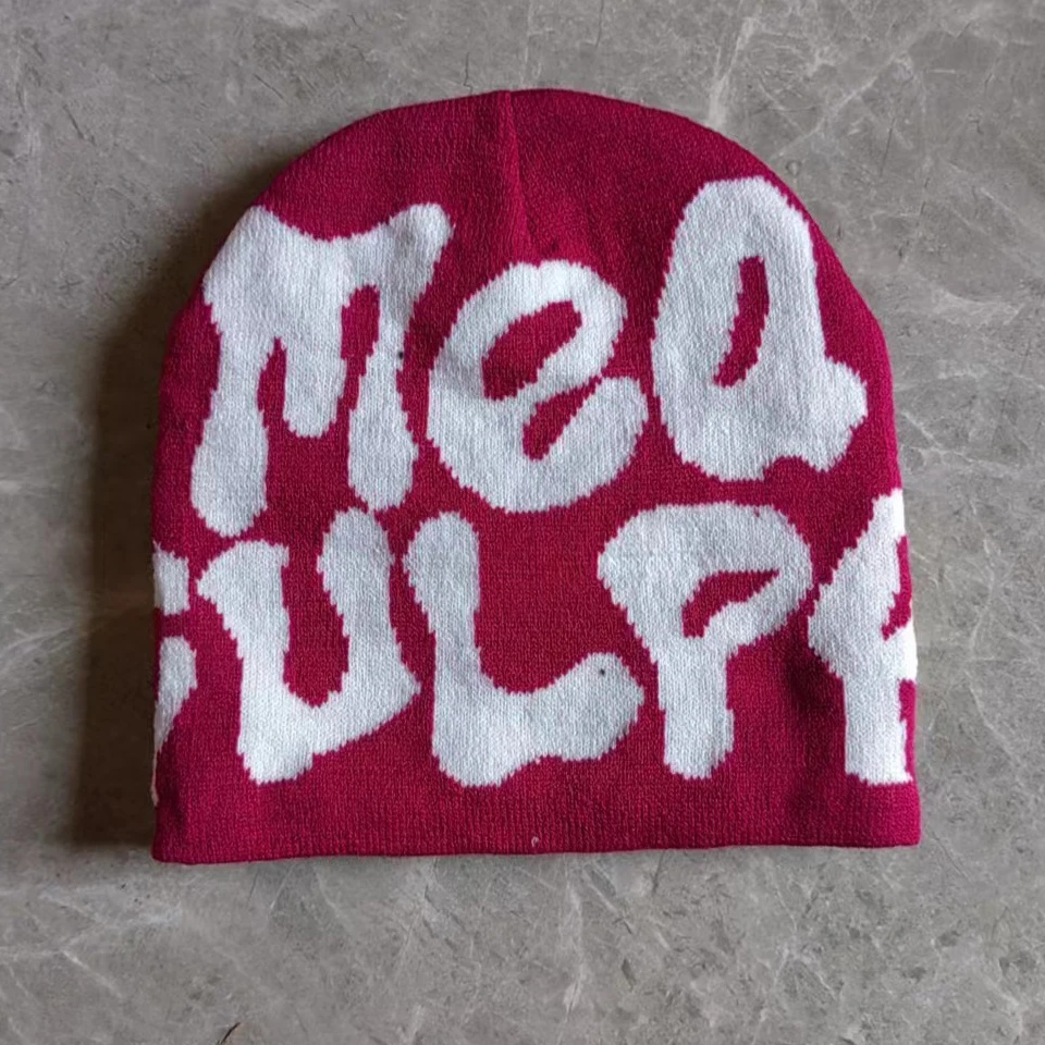 Streetwear Y2K Fashion Custom Design Jacquard Unisex Winter Warm Acrylic Knitted Hat Cap Mea Culpa Beanies