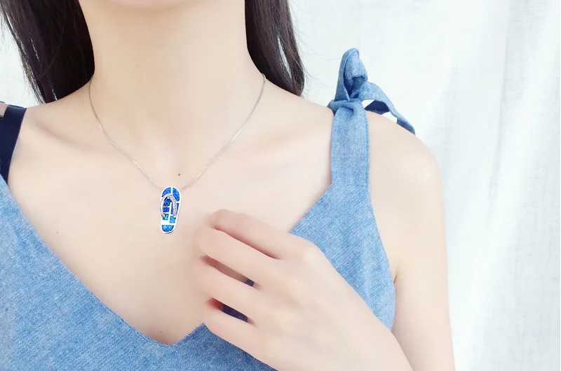
Silver Cute Ocean Blue Opal stone Sandal Flip Flops Pendant Necklace wedding jewelry 
