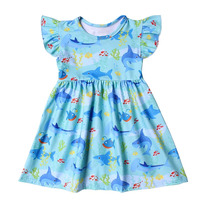 High quality children dress pearl sleeve milk silk cartoon print girls summer dress