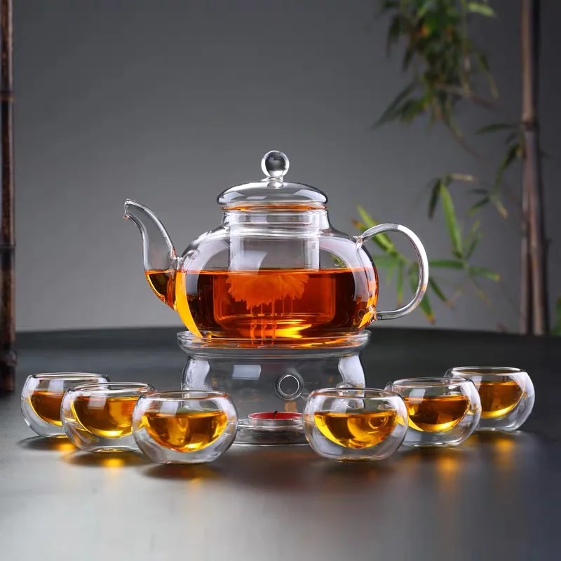 Eco-Friendly Safe Modern Borosilicate Transparent Clear Glass Tea Pot and Cup Set for Tea Serving
