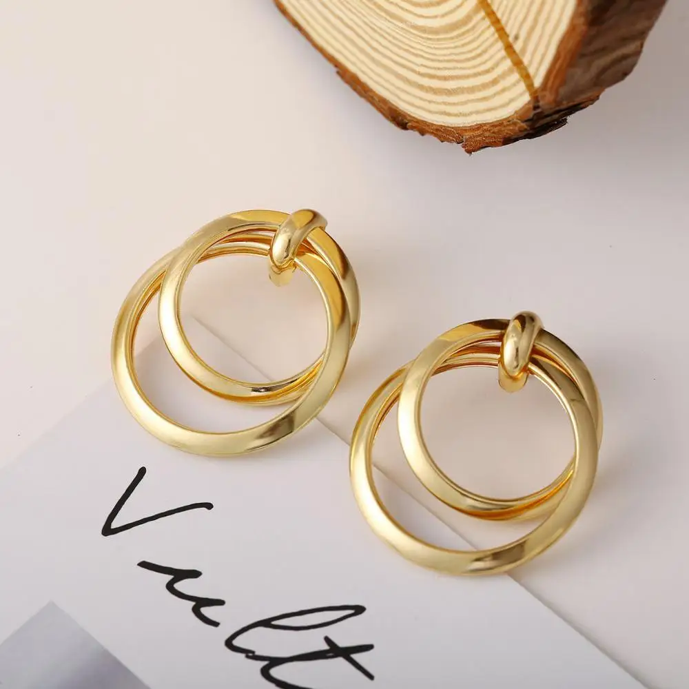 Fashion Vintage Geometric Gold Hoop Earrings Simple Statement Round Double Circle Earrings For Women Jewelry 2020