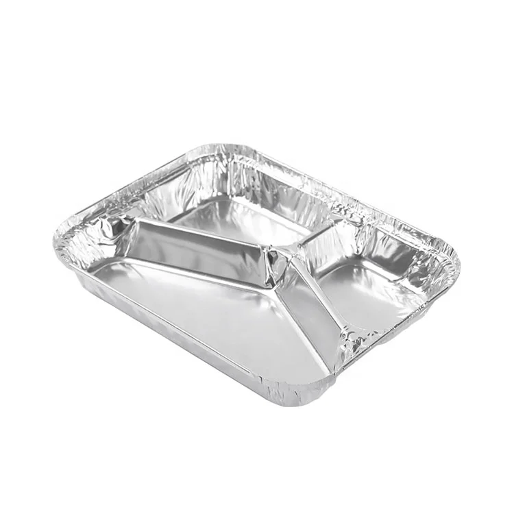 
3 compartment disposable rectangular divided aluminum foil container with lid 
