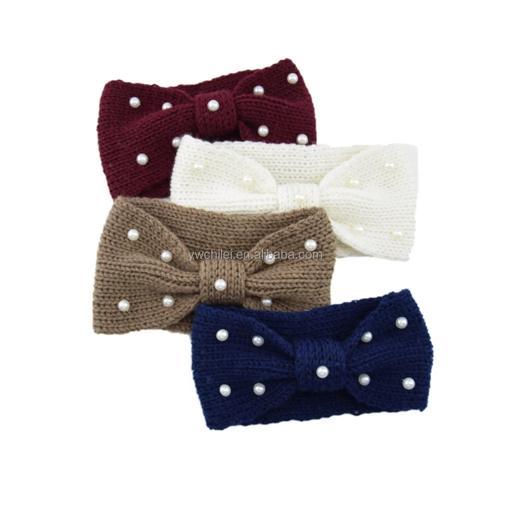 Вязаный крючком тюрбан вязаный ушной обогреватель винтажный бант Жемчужная Повязка на голову