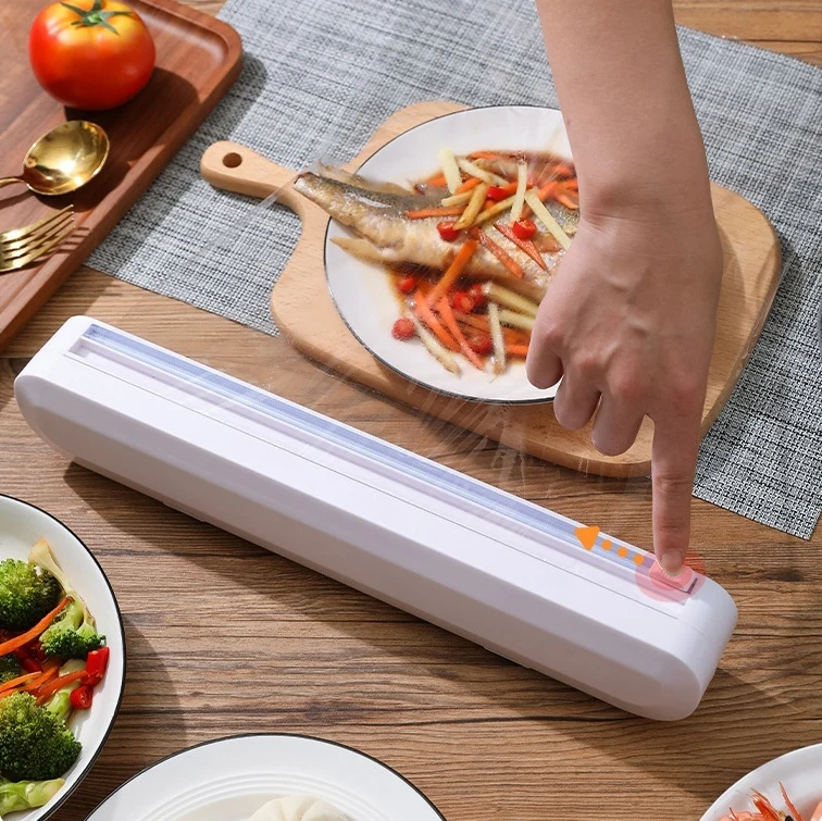 Creative Household Kitchen Food Wrap Plastic Cutter Cling Film Dispenser with stainless steel blade for Stretch Film Roll