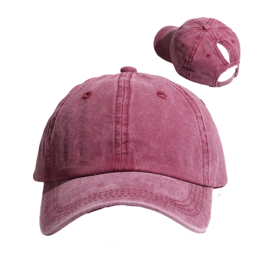 FF1004 Women Breathable Messy Buns Ponytail Hat Plain Hole Baseball Cap Adjustable Washed Cotton Sports Caps