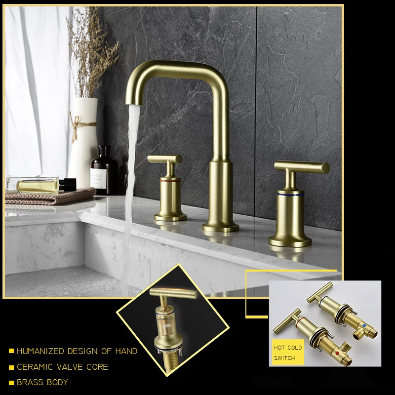 Northern Europe style brass 3 hole brush gold bathroom faucet