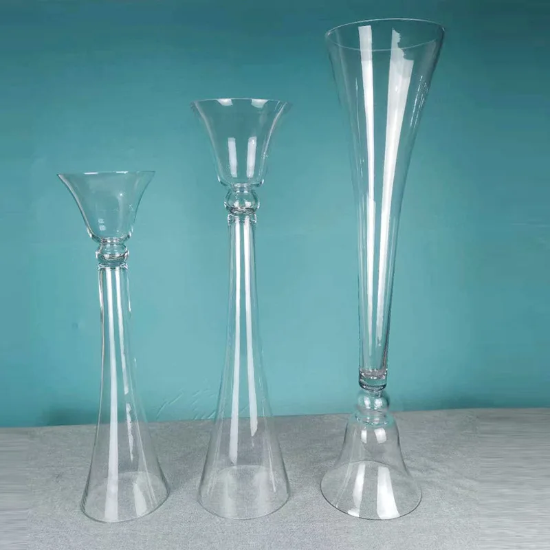 Hot sale glass flower stand wedding decor 80 cm tall reversible trumpet flower arrangement glass vase