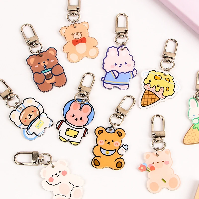 Acrylic Cute Rabbit Bear Panda Flower Keychain Keyring for Backpack Bag Jewelry Accessories for Women Friends
