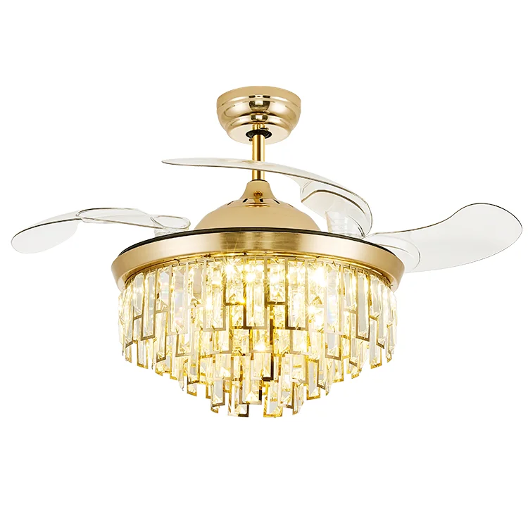 Factory stock dispatch household gold luxury ceiling can Light with 42 inch retractable blades crystal chandeliers