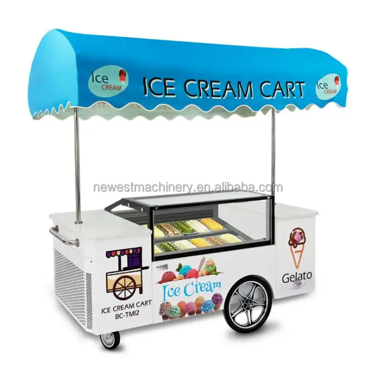 Gelato Italian Ice Cream Mobile Push Carts,Popsicle Showcase Freezer Vending Push Cart for Outdoor