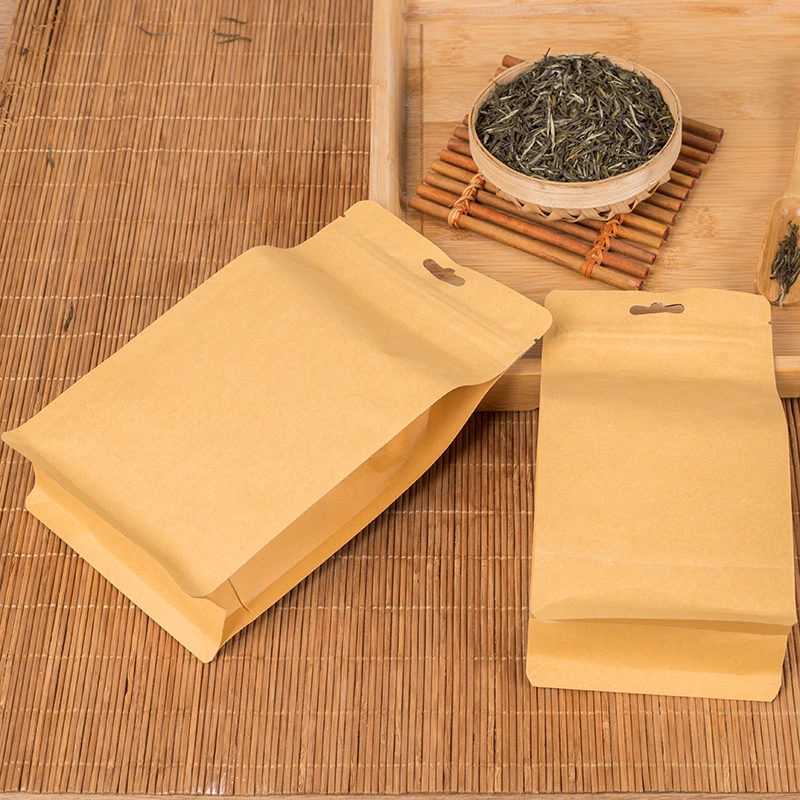 In stock flour ziplock pouches aluminum foil kraft paper bag flat bottom tea packaging bags
