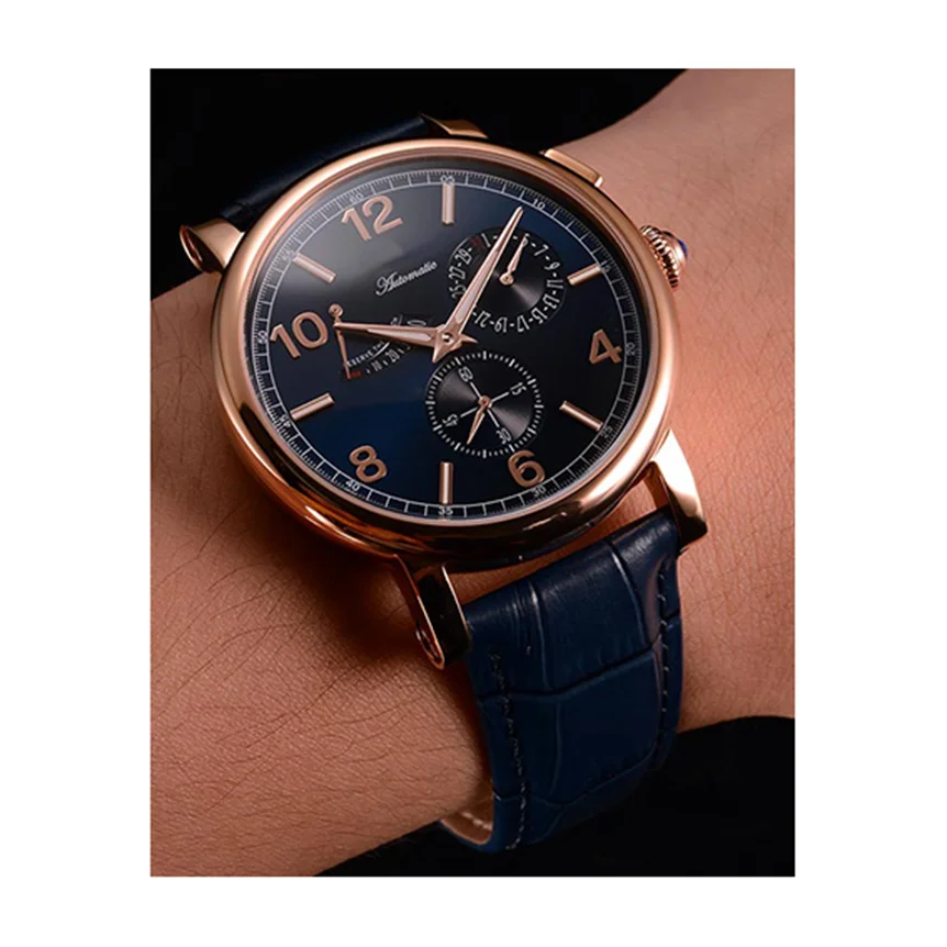 Luxury cow leather strap power show calendar small second hand men mechanical watches