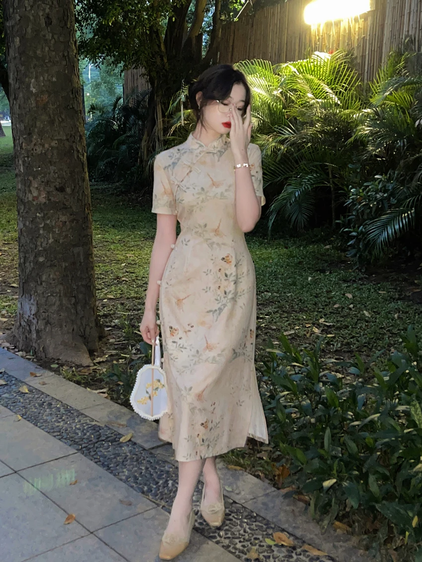 Waist collection chiffon cheongsam women ladies dress sleeved printed cheongsam cheap price chinese traditional dresses qipao
