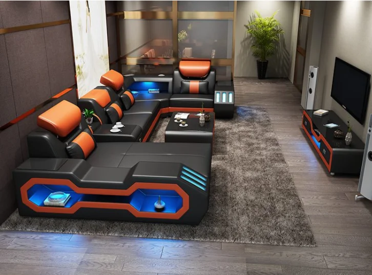 Modern Living Room Sofa Set Genuine Leather Sofas with USB Music Speaker