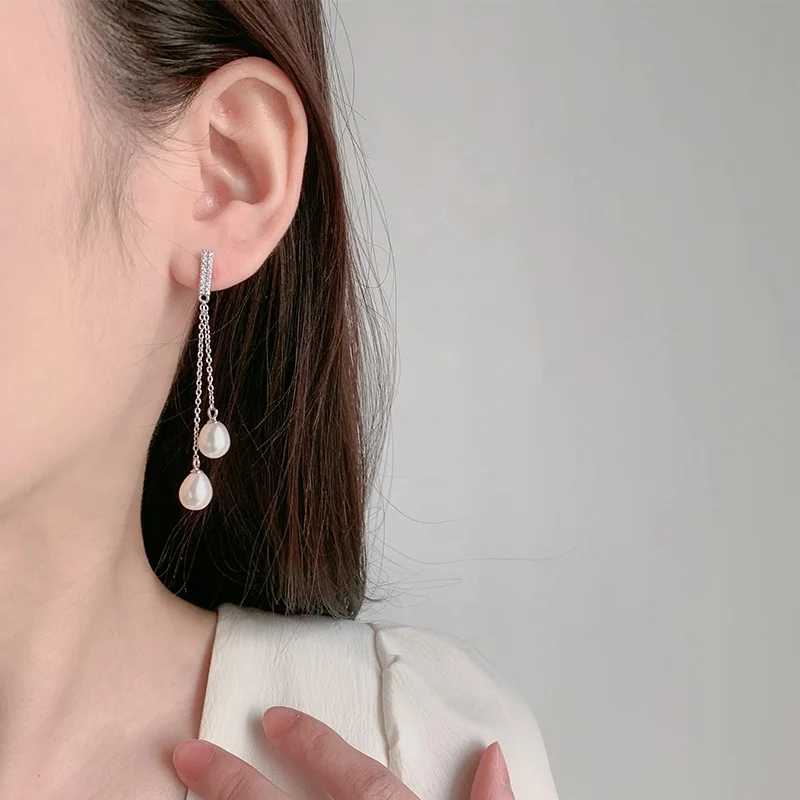 Custom Fashion Earrings Women Elegant Party Jewellery Natural Pearl Zircon Long 925 Sterling Silver Dangle Earrings