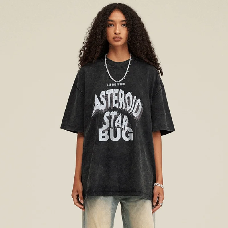 Custom T Shirt 100% Cotton Graphic Printing Heavyweight Bleach Acid Washed Vintage Plus Size Men Oversize Tshirt