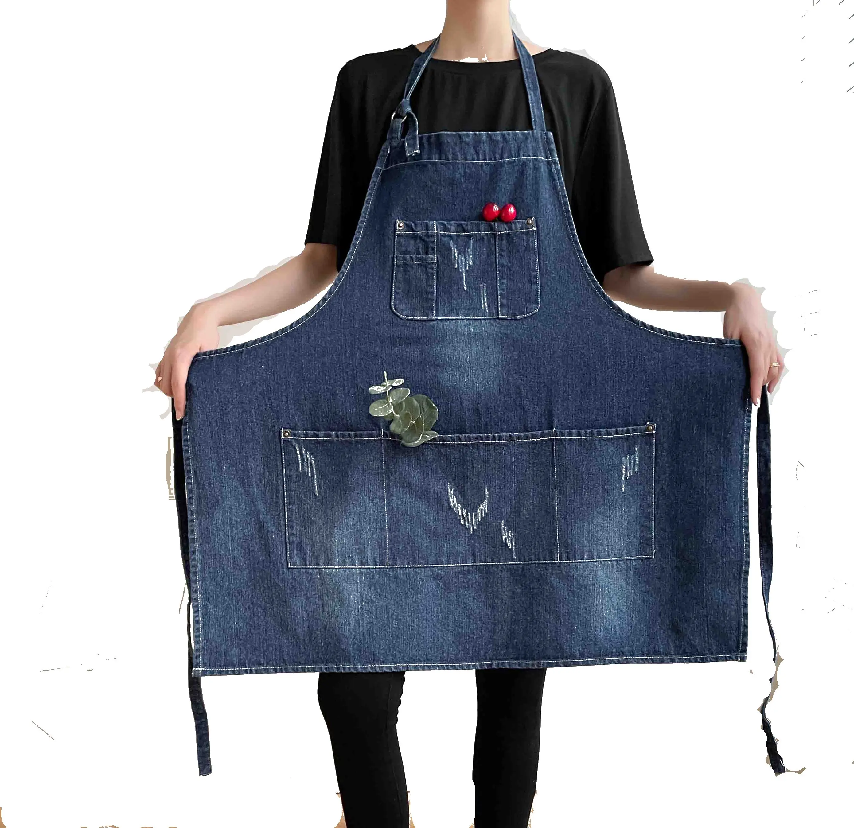 High Quality Sand Wash Jeans Bib Apron Pinafore With Tear Hole Pockets Customization Logo Artist Flower Shop Waiter Aprons