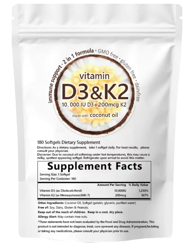 stock Supports Calcium Absorption Bone Immune Heart Health Vitamin D3 and K2 Coconut Oil Softgel 2 in 1 Vitamins D & K Complex