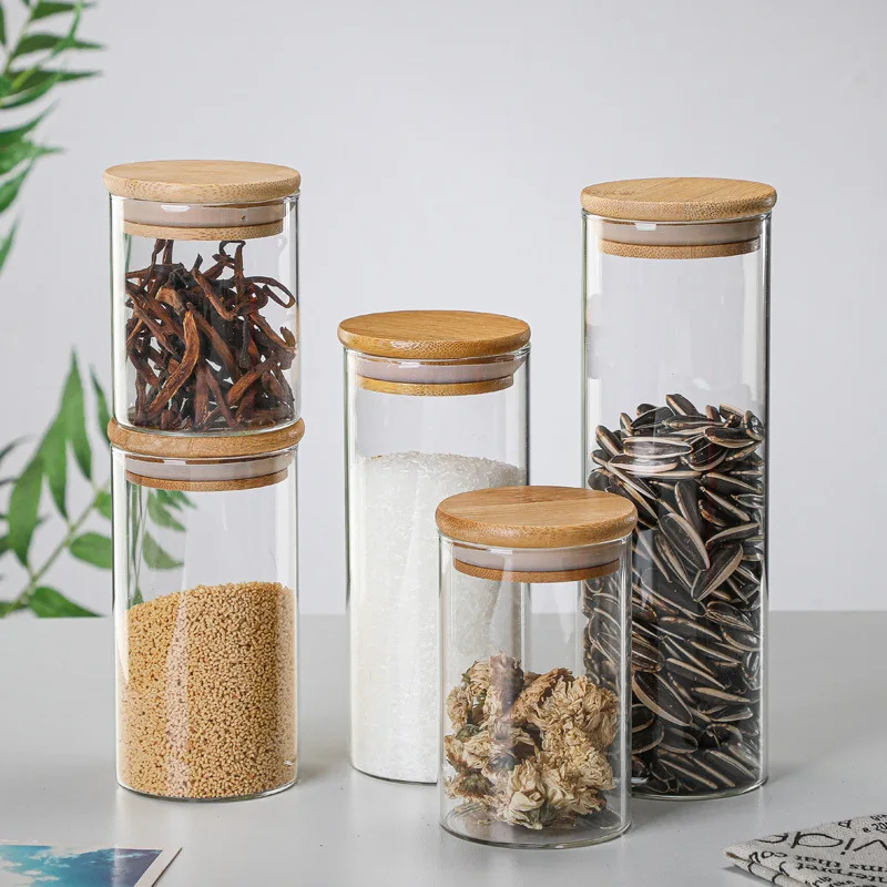 6.5*18cm Food Storage Glass Canisters with Airtight Bamboo Lid For Tea Coffee Beans Grains Candy Jar Containers