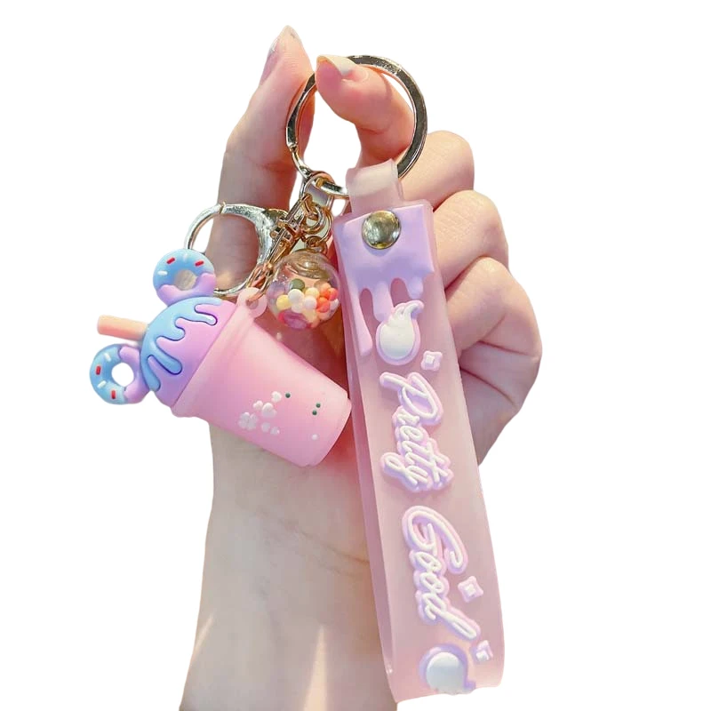 Custom Creative Ice Cream Milk Tea Mini 3D Pvc Keychain Metal Keyring Car Accessories  Rubber Key Chains