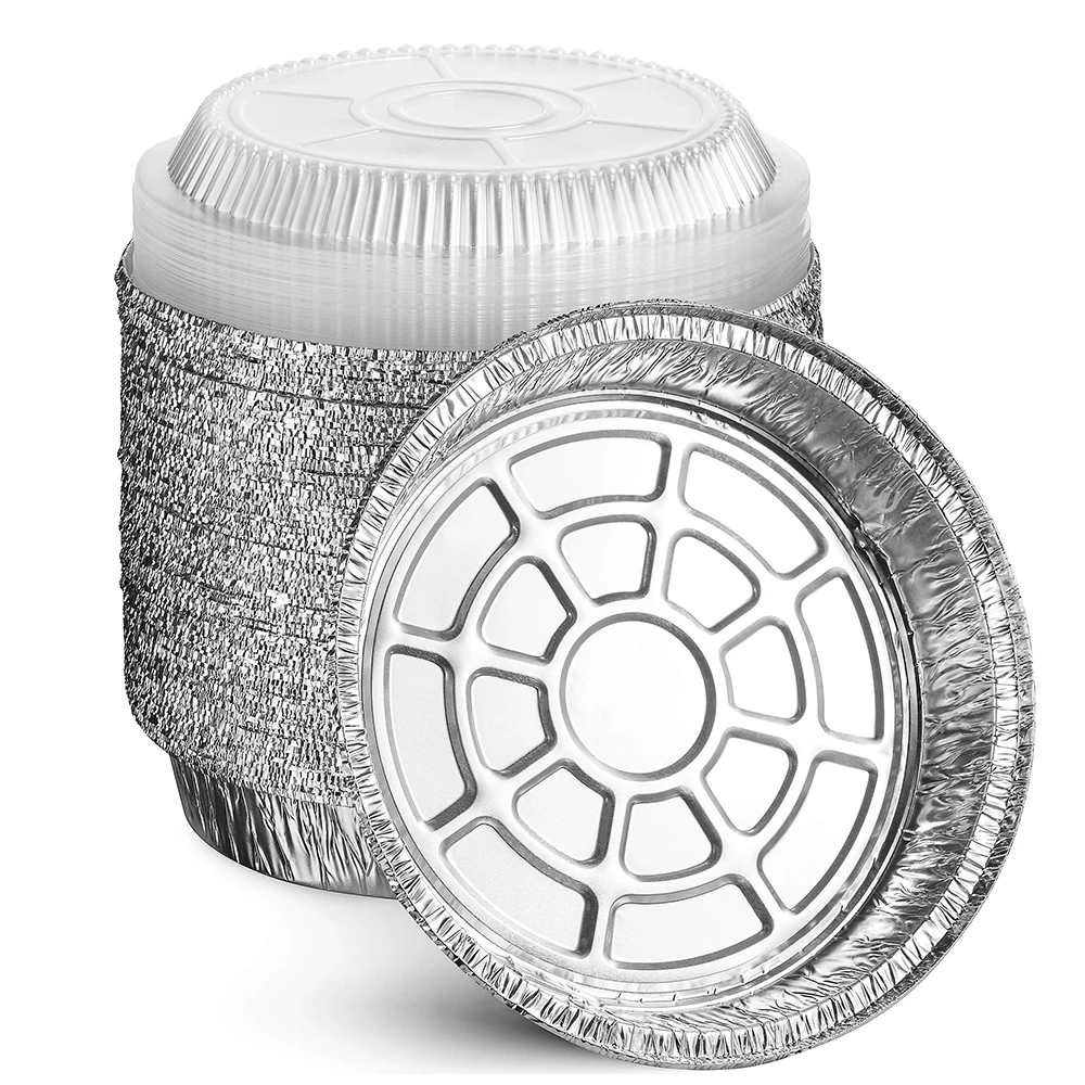 Одноразовые контейнеры с прямой выпечкой безопасная перерабатываемая печь круглые из алюминиевой фольги сковороды прозрачными крышками