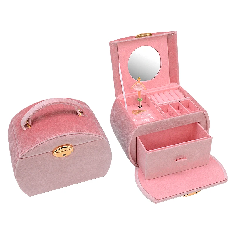 High Quality Velvet Necklace Musical Suitcase Luxury Travel Jewelry Storage Dancing Doll Music Box Girls