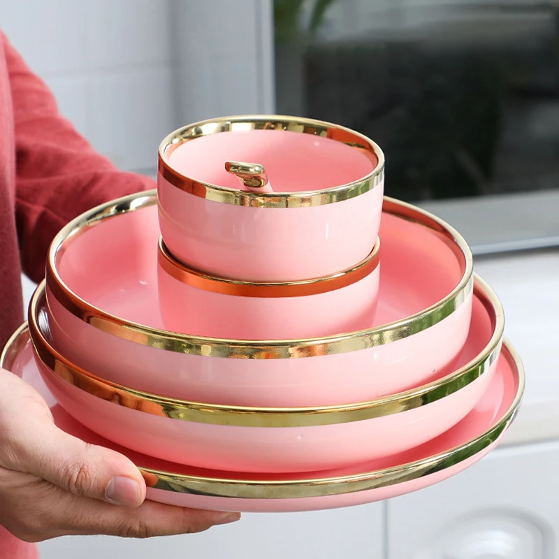 Wholesale Gold Edge Ceramic Dinnerware Sets 2/4/6 People Porcelain Luxury Ceramic Tableware for Household Hotel Dinnerware Sets