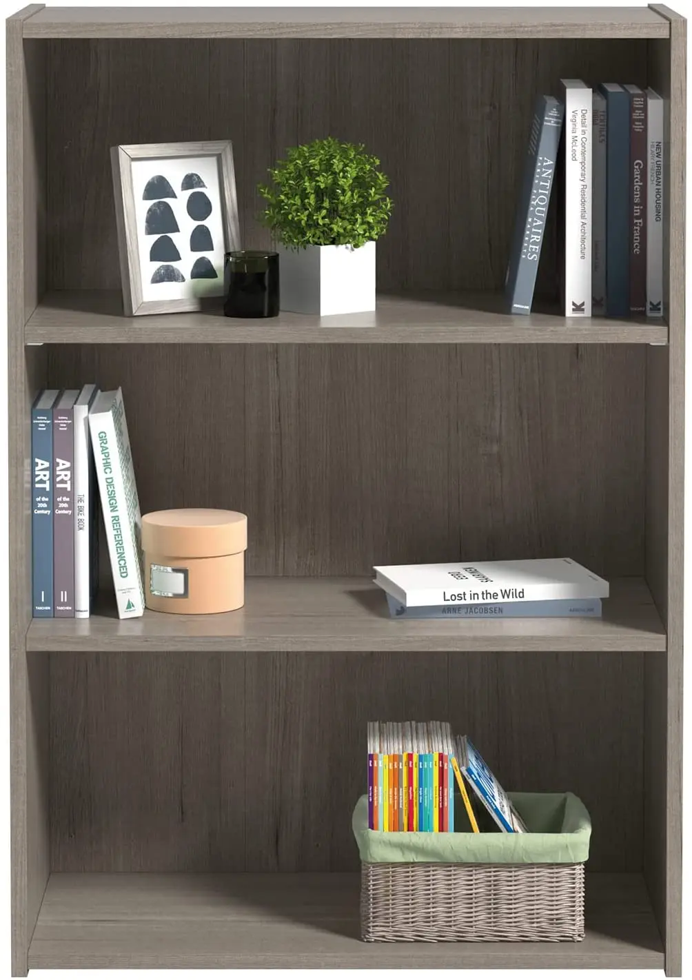 Wooden Bookcase with Open Shelves  3-Shelf Bookcase Display Cabinet for Study Room and Silver Sycamore
