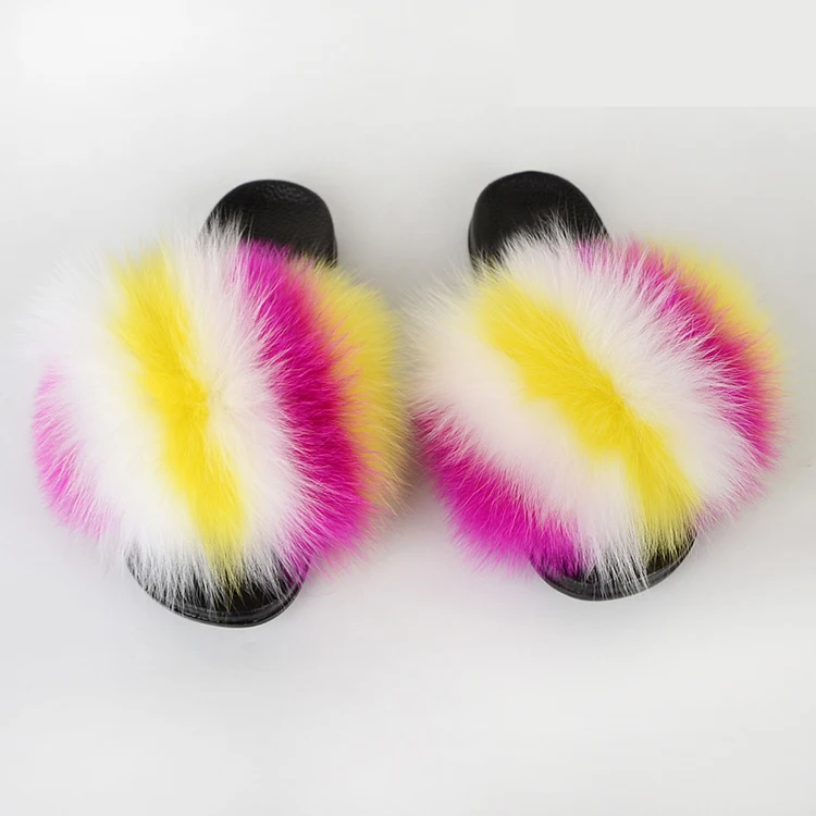 fur slippers with customized logo real  fox fur slides very beautiful  women and baby sets