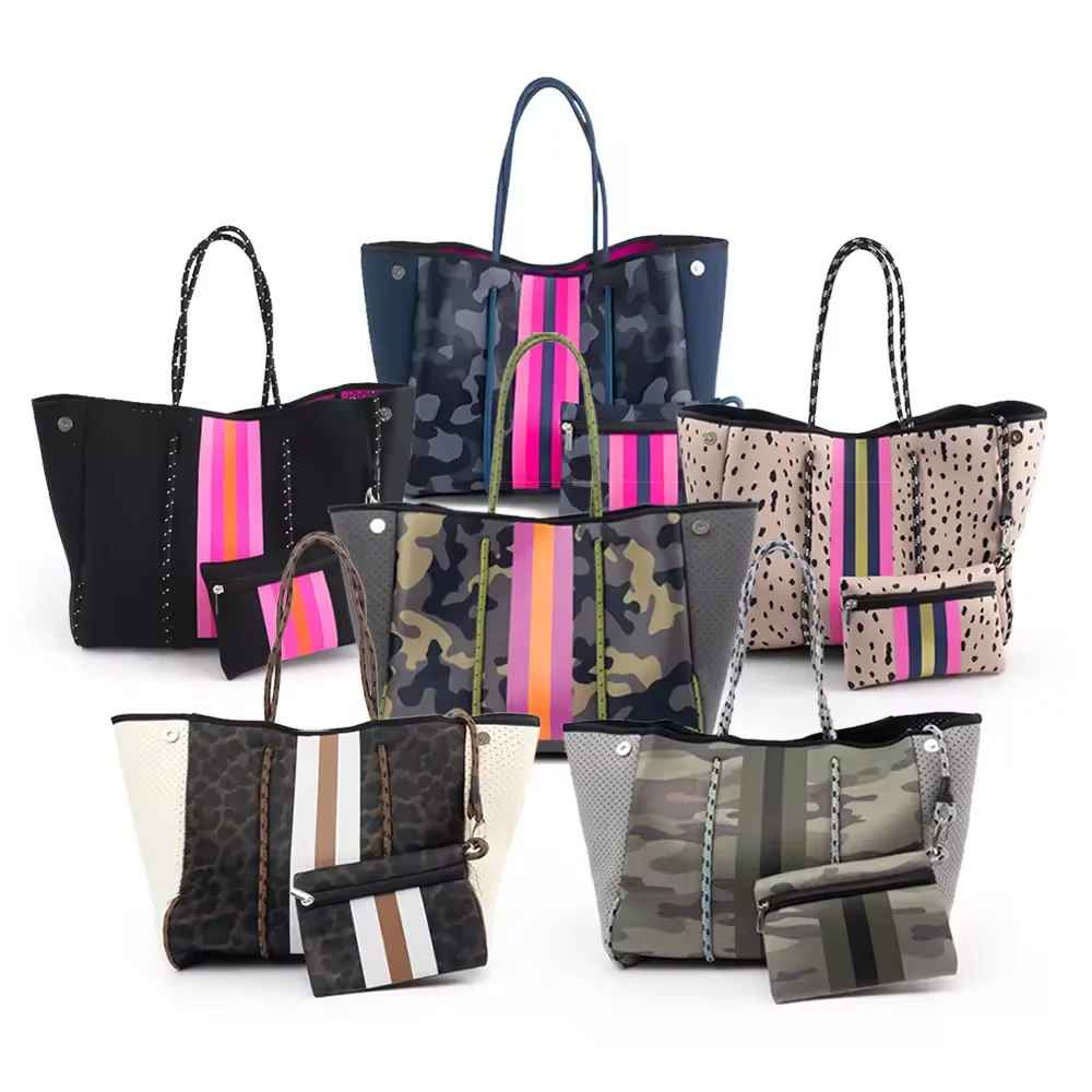 Wholesale Handbag Bolso Beach Bags Tote Summer Customize OEM Handbag Perforated Neoprene Tote Travel Bag With Inner Small Pouch