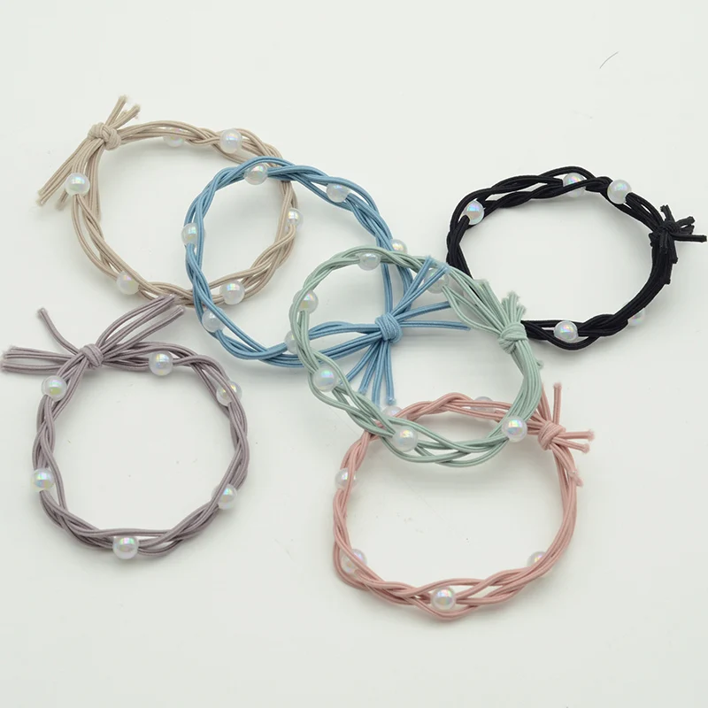 Four Cords Crochet Elastic Hair Bands with White AB Pearl Beads Elasticity Hair Ties Women Scrunchies Ponytail Holders