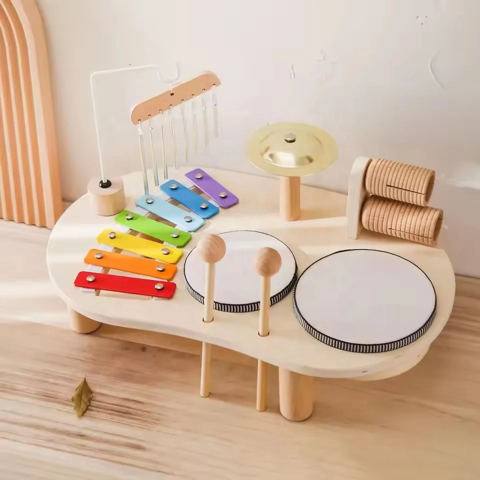Toddlers Montessori wooden musical instruments drum play set multifunction percussion instruments musical toy wood music table