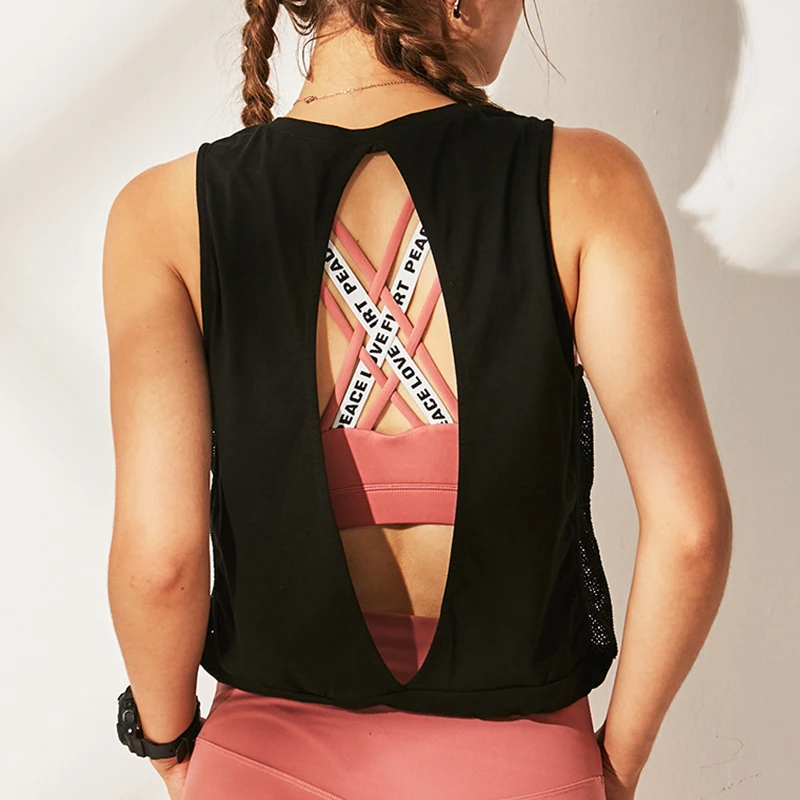 Sexy Back Hollow Out Women Sports Sleeveless T-shirt Workout Fitness Mesh Vest Quick-drying Yoga Tank Top