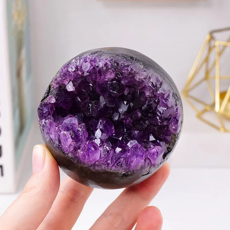 Natural Amethyst Open Smile Ball Druzy Amethyst Laughing Geode Sphere Semiprecious Stone Crafts For Fengshui