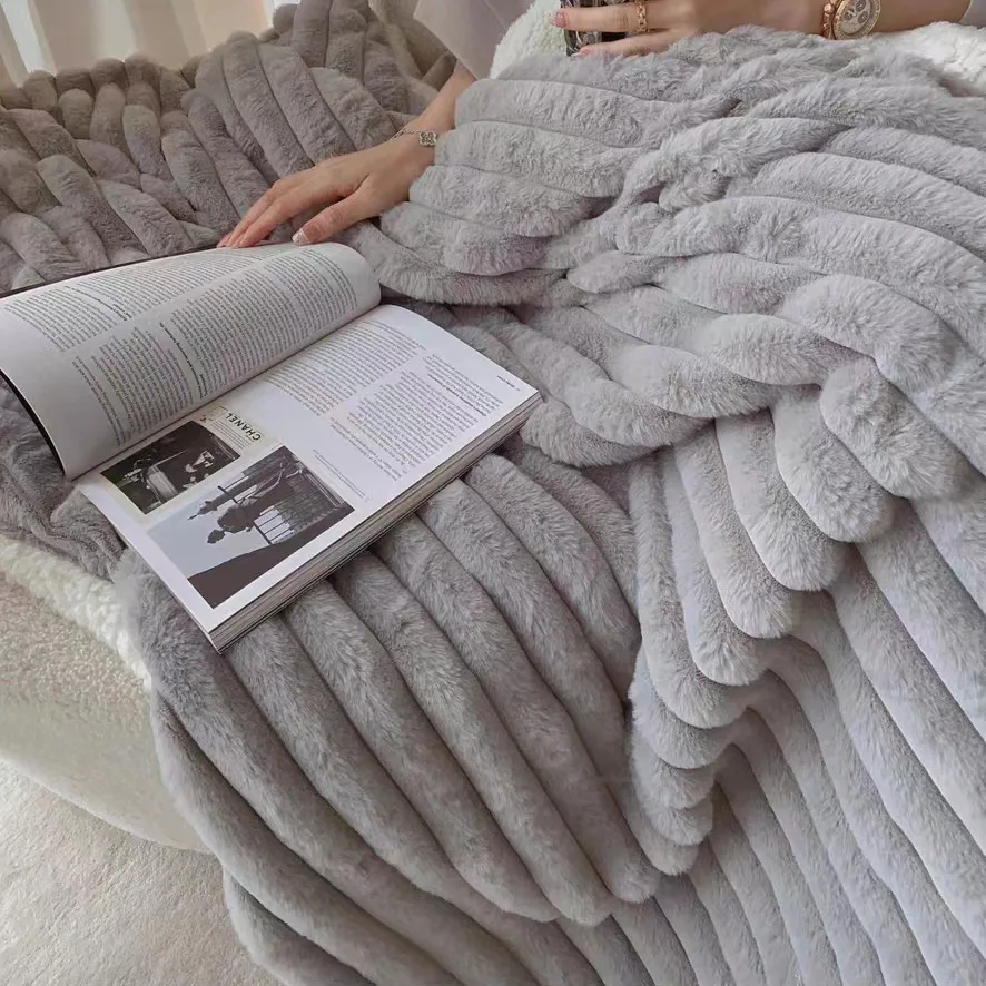 Luxury Home Winter Rabbit Warm Blanket White Stripe Sherpa Fleece Lining Sofa Blankets Fluffy Sheepskin Throw Blanket