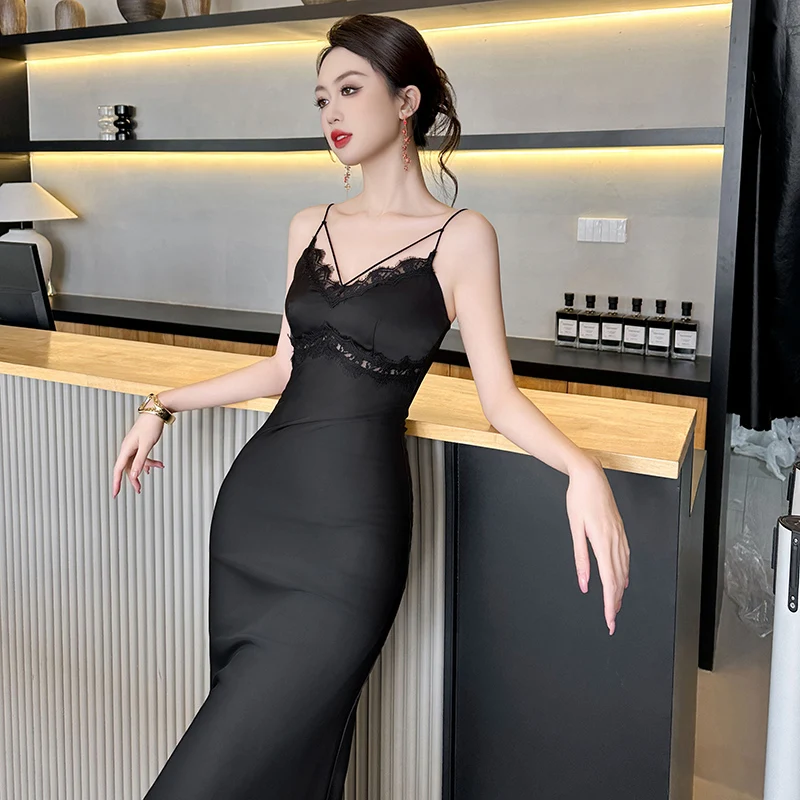 ZYHT 9660 Long Sexy One Piece Cami Black Satin Lace Luxury Elegant Party Formal Mermaid Gowns Prom Evening Dresses for Women