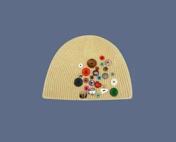 Multicolored Button Fashion Woolen Japanese Style Long Beanie Hat Fashion knitted Pullover Hat Winter Hats