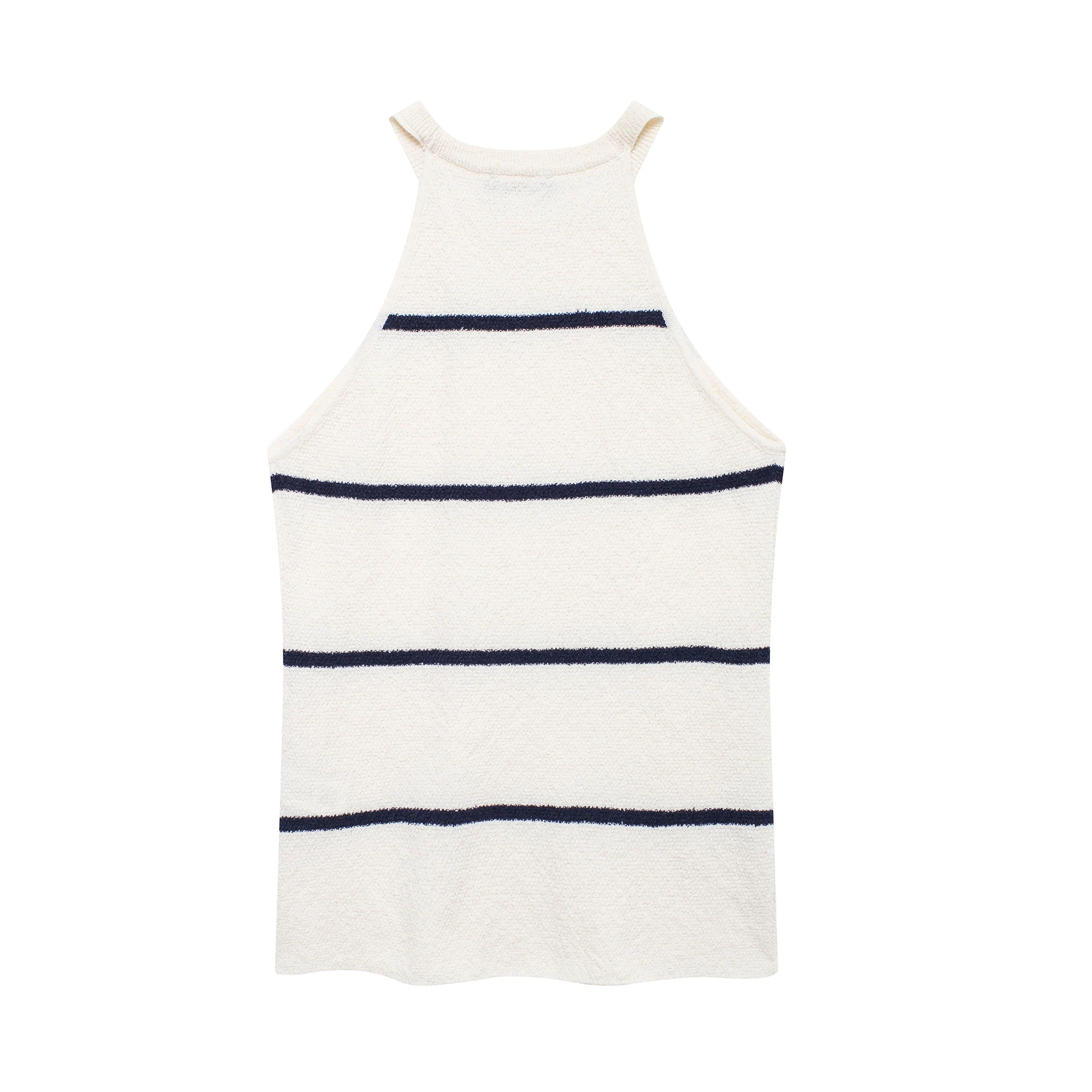 Crew neck beige black color sleeveless knitted casual fashion sweater vest for women
