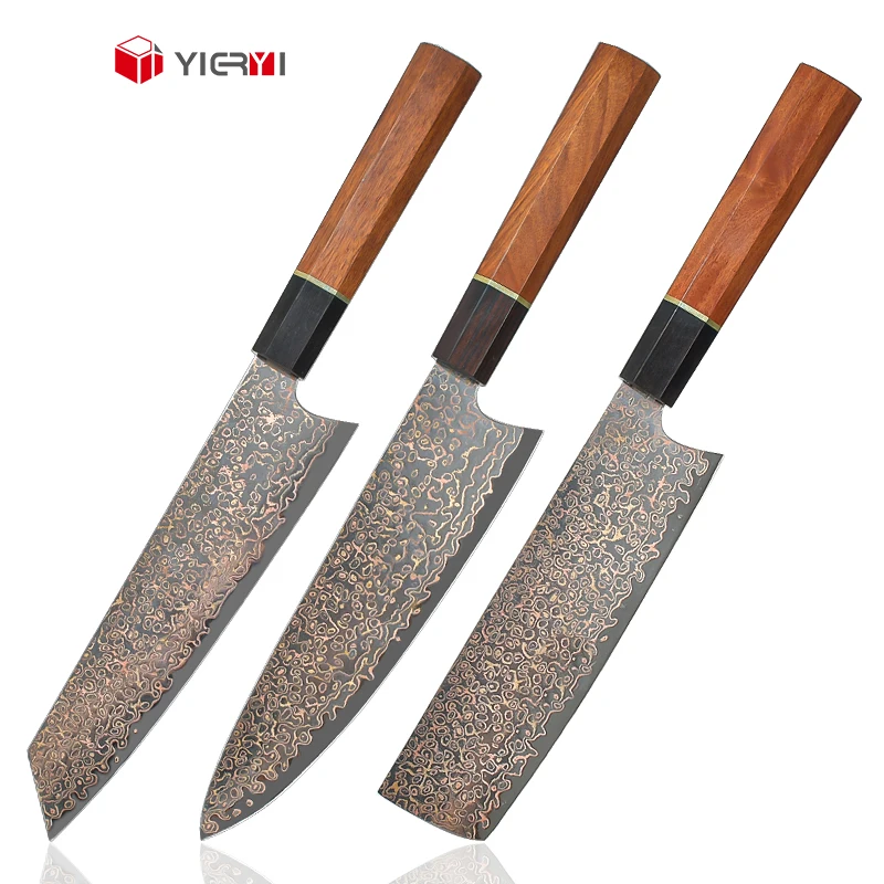 High-End Japanese Chef Knife Set VG10 Copper Damascus Steel with Wood Handle Carbon Steel Blade for Kitchen Use