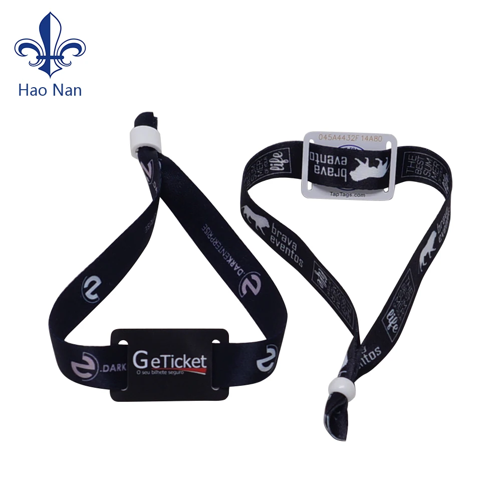 Promotional RFID wrist bands custom logo NFC wrist band fabric bracelet with plastic card polyester wristbands for events