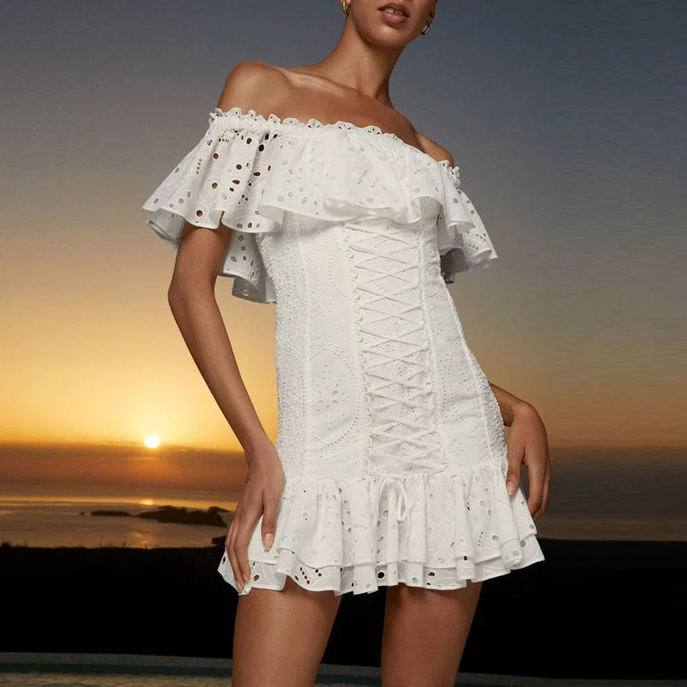 2023 Summer New One-shoulder Lotus Leaf Lace Waist Slim Holiday Style Dresses Hollow Short Dress Women