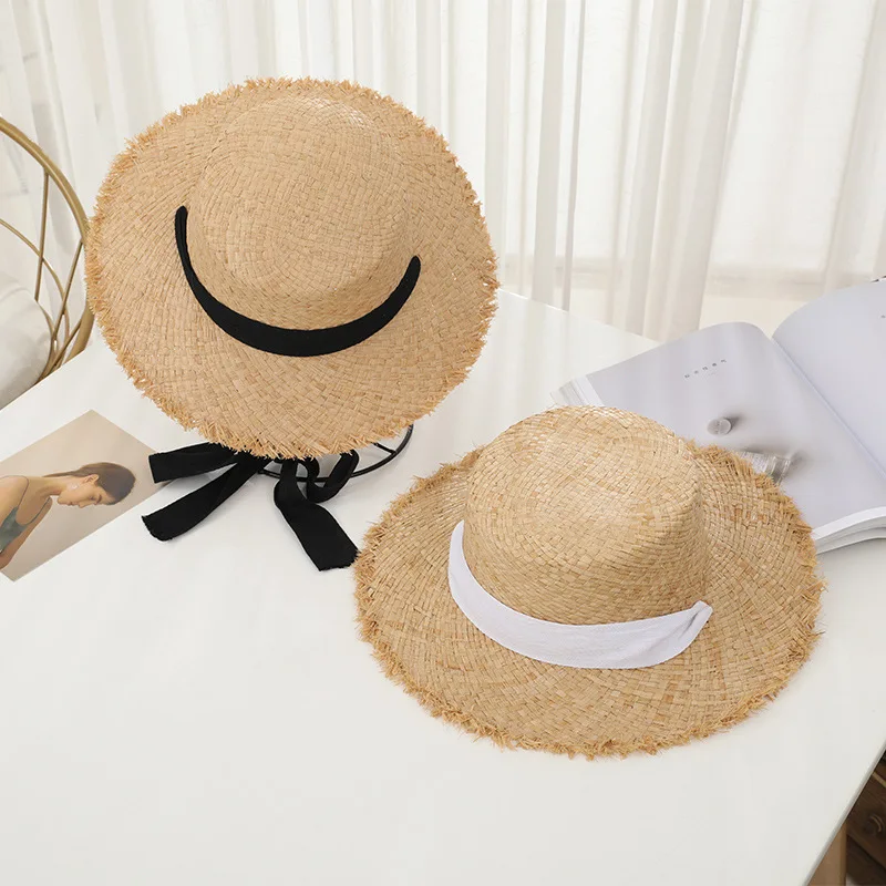 Wide brim flat top summer beach hats women raffia straw hat with ribbon