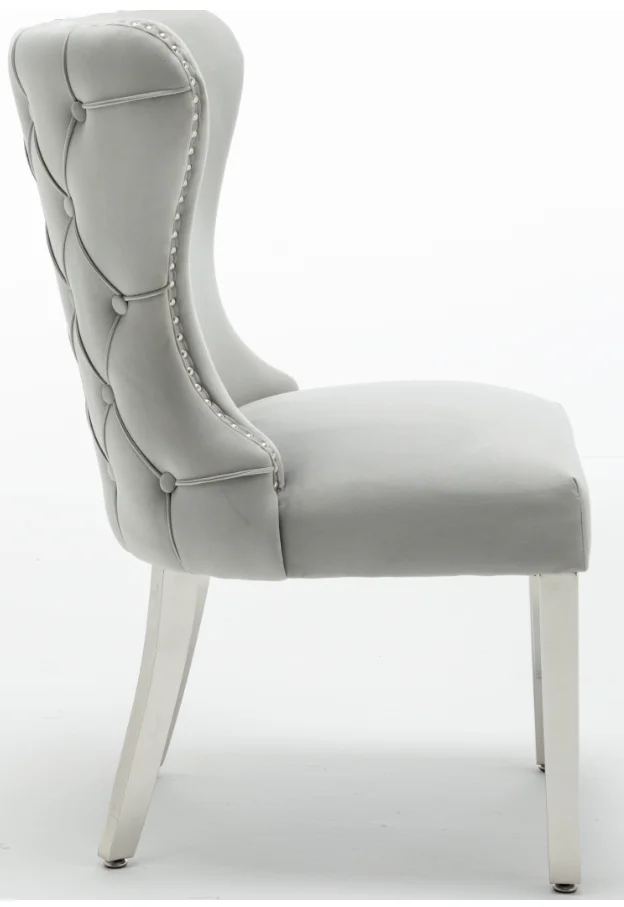 Knightsbridge Back Buttoned Brushed Velvet light Grey Dining Chair with Polished Stainless Steel Legs