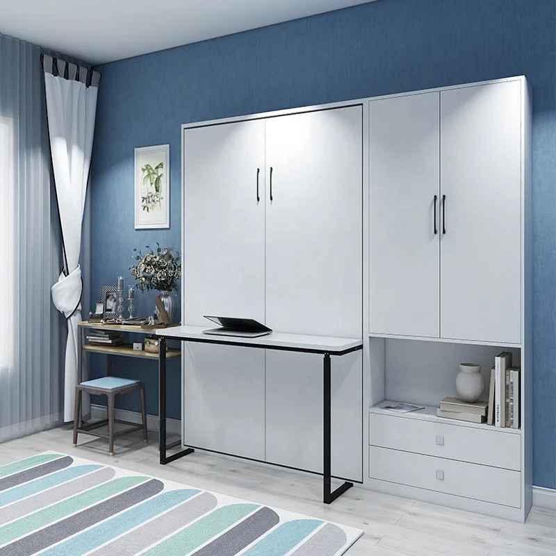Space Saving Solutions Plywood Material Double Flip Wall Bed With Shelves and Cupboard